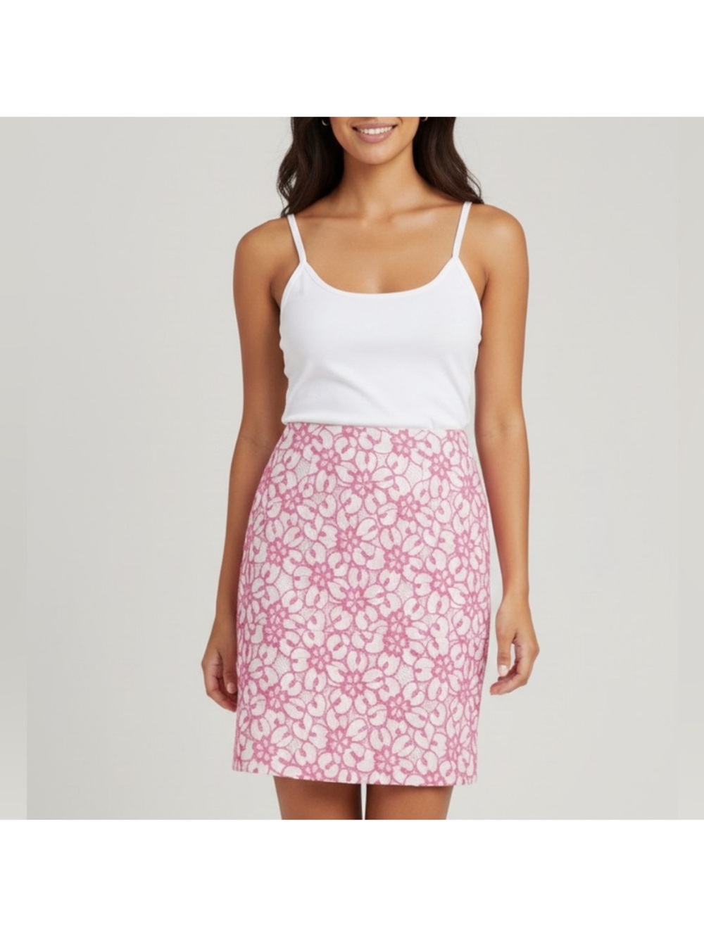 LILY PULITZER Hyacinth pink white crochet lace pencil skirt. Like new!